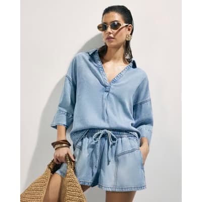 Blue Denim Short Sleeve Tunic Top