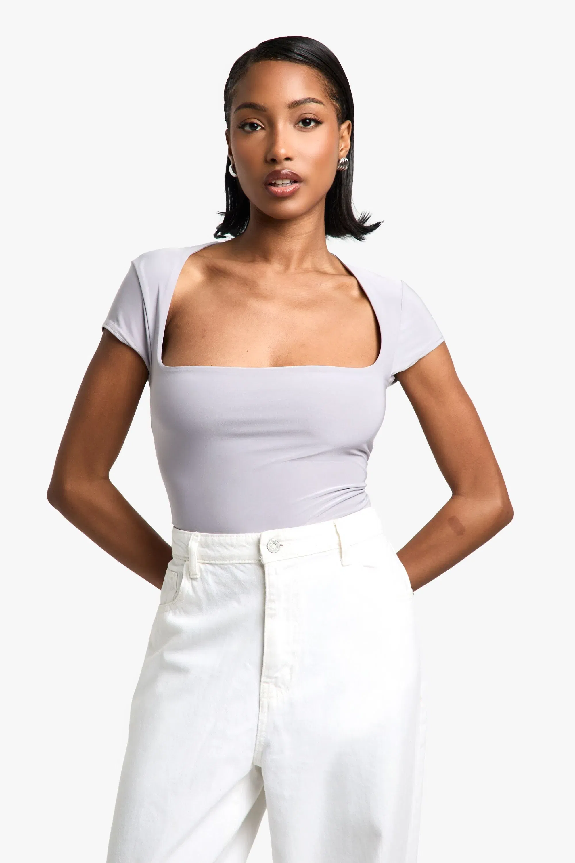 Double Layer Slinky Square Neck Cap Sleeve Bodysuit
