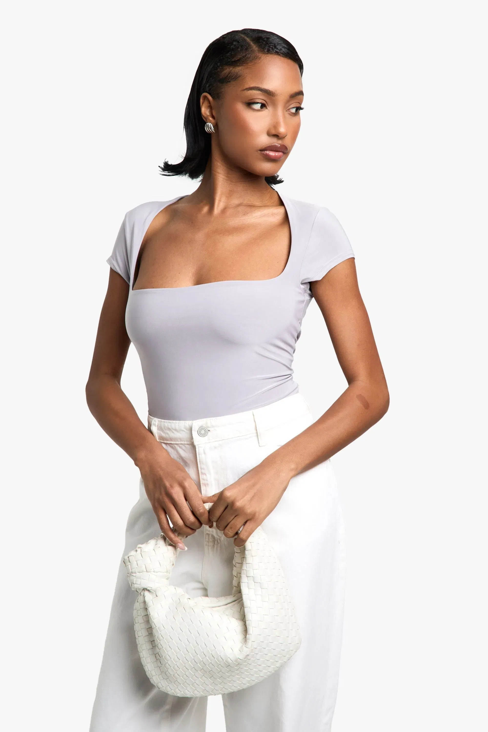 Double Layer Slinky Square Neck Cap Sleeve Bodysuit