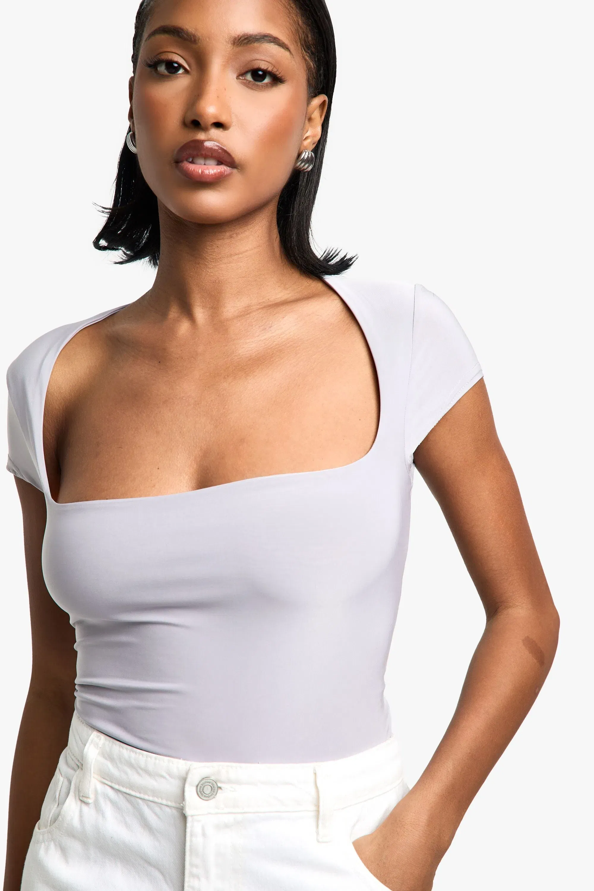 Double Layer Slinky Square Neck Cap Sleeve Bodysuit