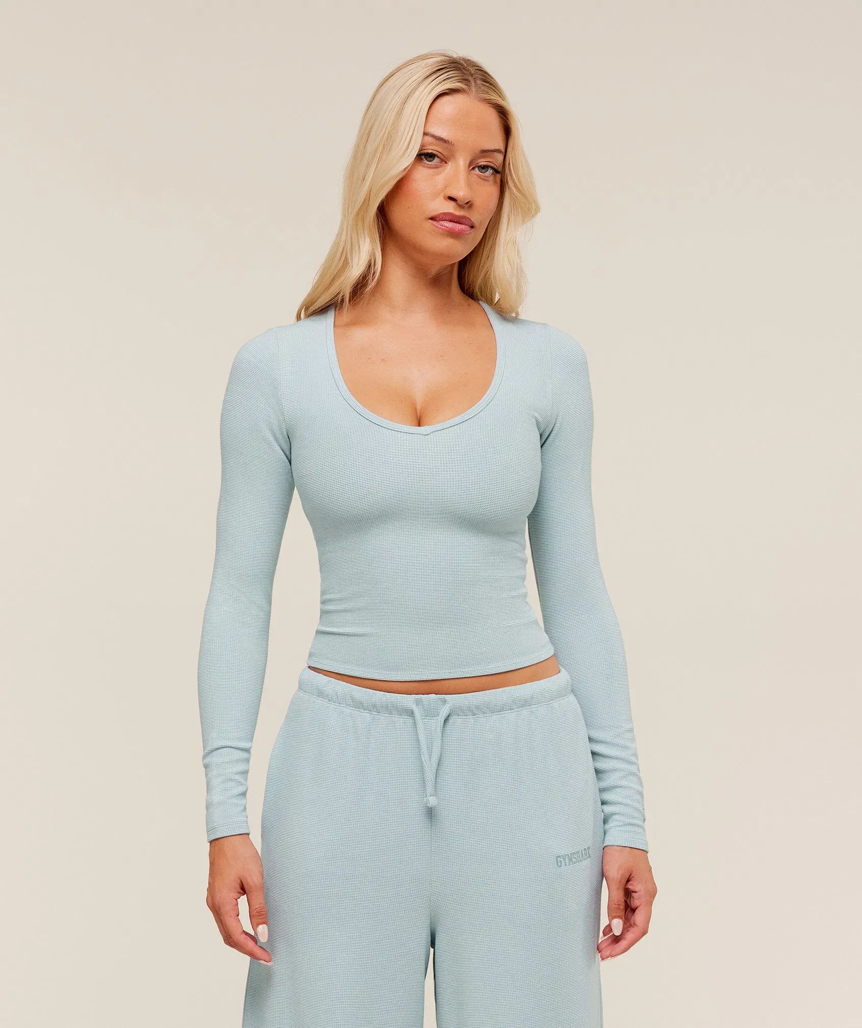 Gymshark Waffle Long Sleeve Top - Smoke Blue