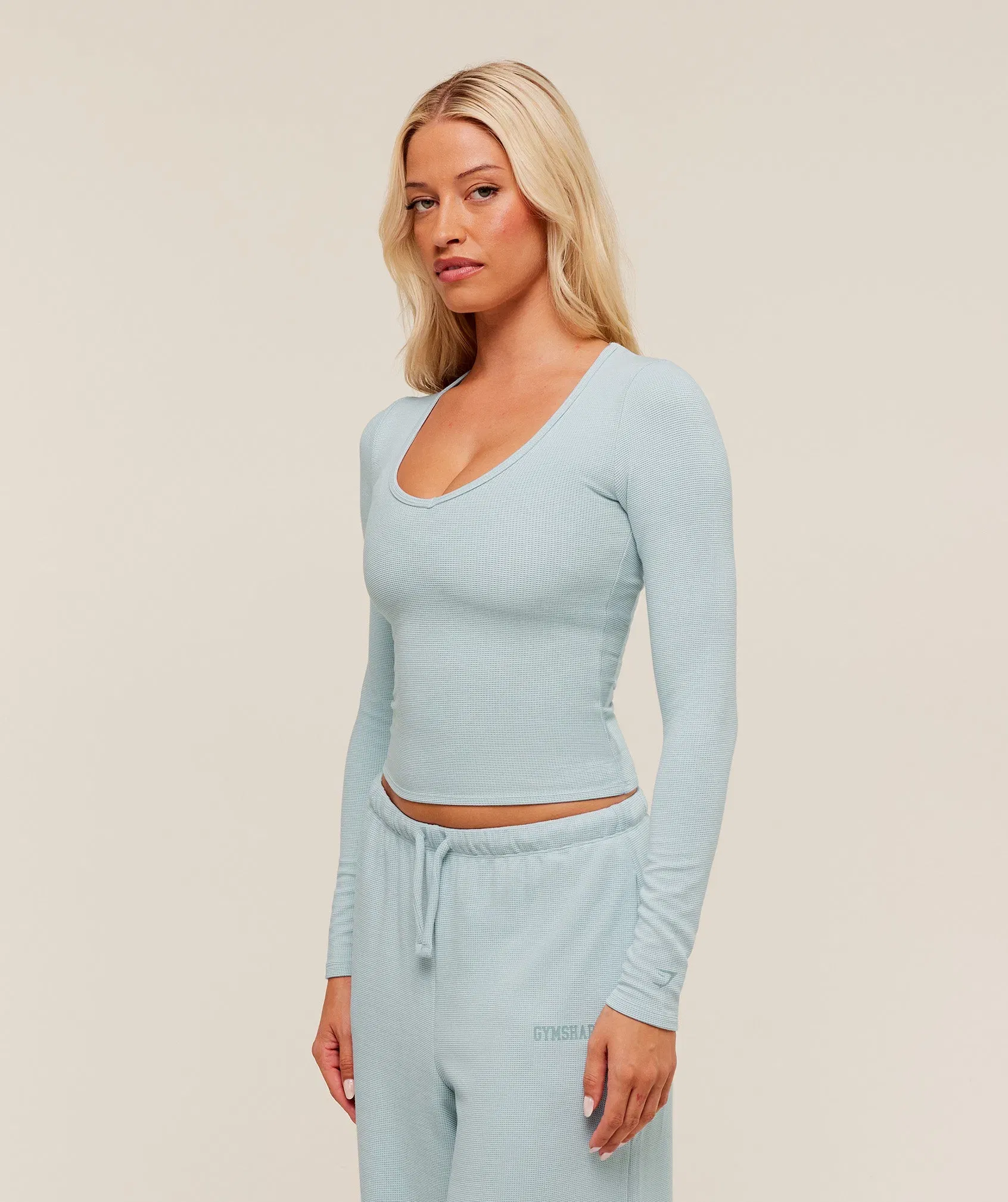 Gymshark Waffle Long Sleeve Top - Smoke Blue