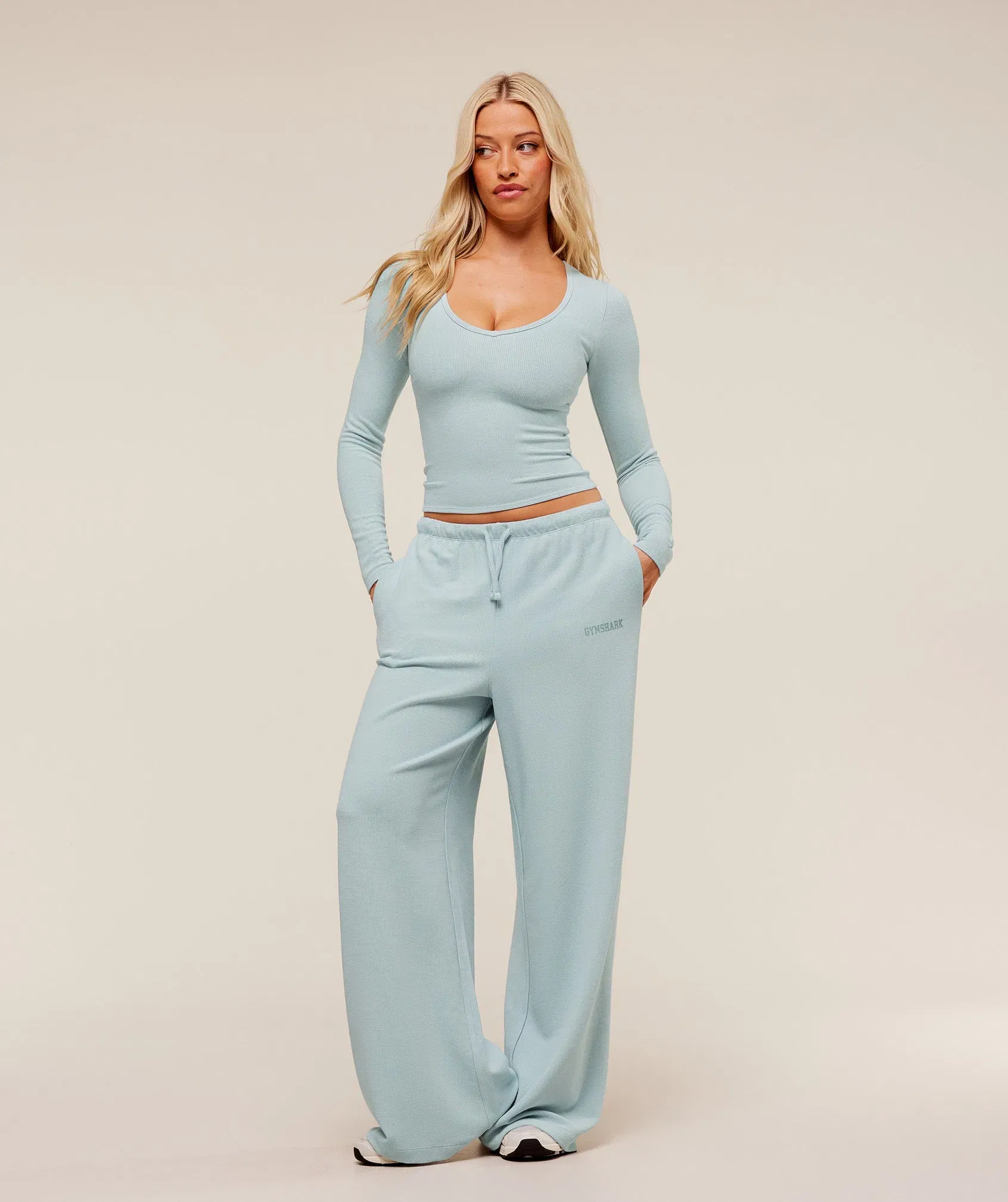 Gymshark Waffle Long Sleeve Top - Smoke Blue