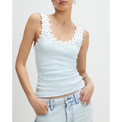 Blue Floral Diamante Trim Tank Top