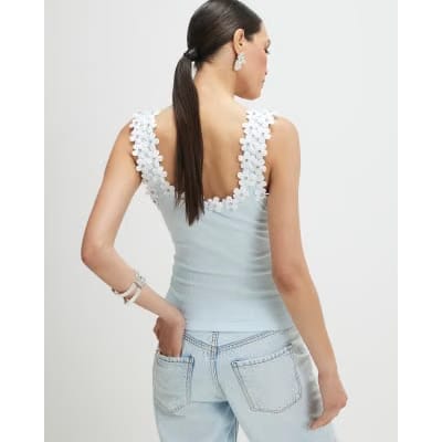 Blue Floral Diamante Trim Tank Top