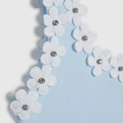 Blue Floral Diamante Trim Tank Top