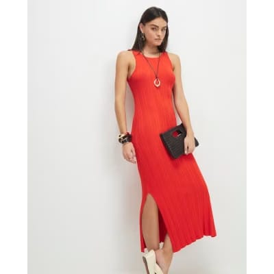 Red Knitted Racer Neck Ribbed Midi Dress