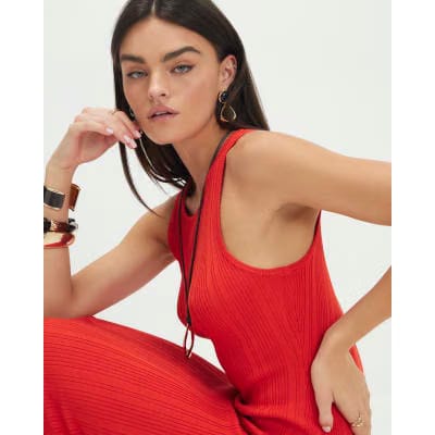 Red Knitted Racer Neck Ribbed Midi Dress