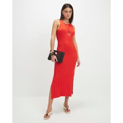 Red Knitted Racer Neck Ribbed Midi Dress