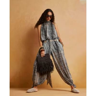 Grey Snake Chiffon Balloon Trousers