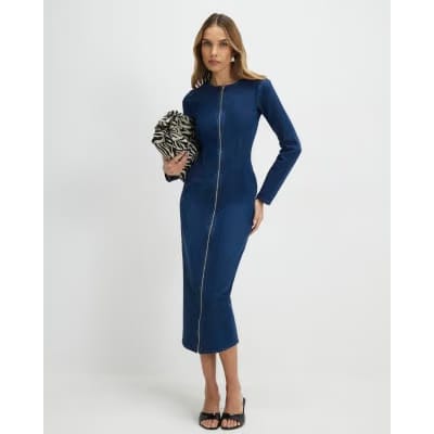 Blue Zip Through Denim Midi Dress