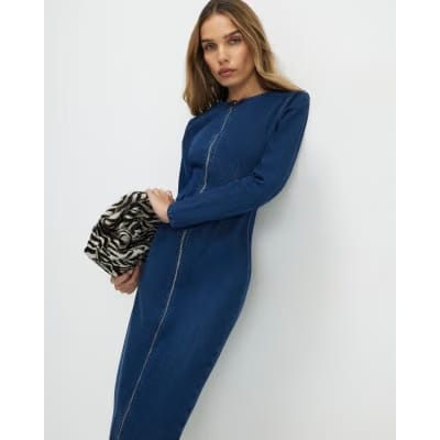 Blue Zip Through Denim Midi Dress