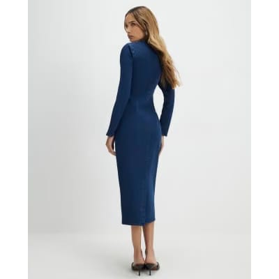 Blue Zip Through Denim Midi Dress