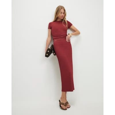 Red Textured Midi Skirt