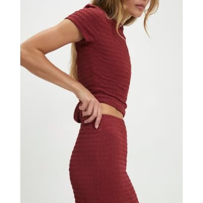 Red Textured Midi Skirt
