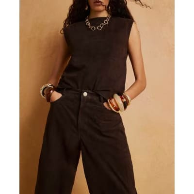 Brown Suede Barrel Leg Trousers