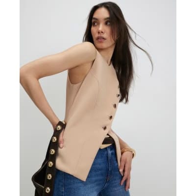 Beige Collarless Asymmetric Waistcoat