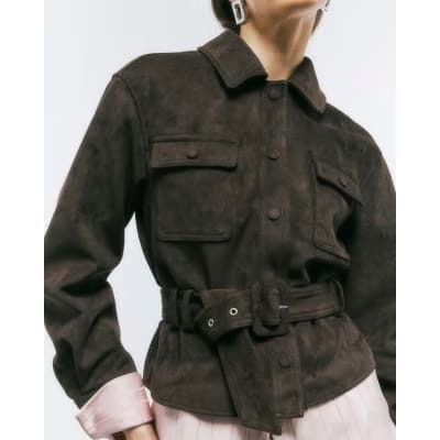 Brown Belted Faux Suede Jacket