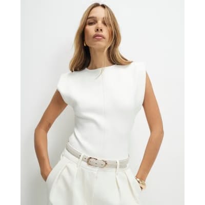 White Fitted Knit Sleeveless Top
