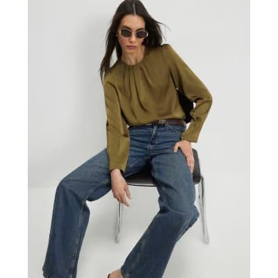 Khaki Pleat Front Blouse