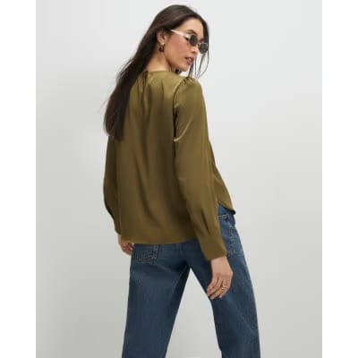 Khaki Pleat Front Blouse