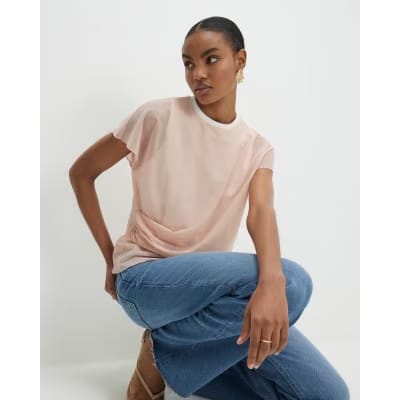 Pink Mesh Twisted Drape Top