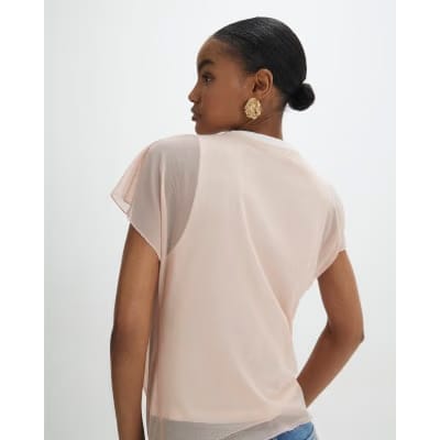 Pink Mesh Twisted Drape Top