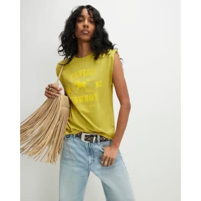 Khaki Sleeveless Shoulder Pad Rodeo T-Shirt