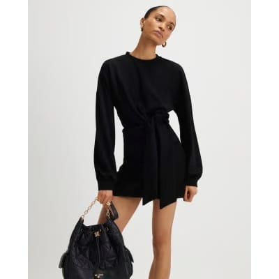 Black Long Sleeve Knot Side Mini Dress