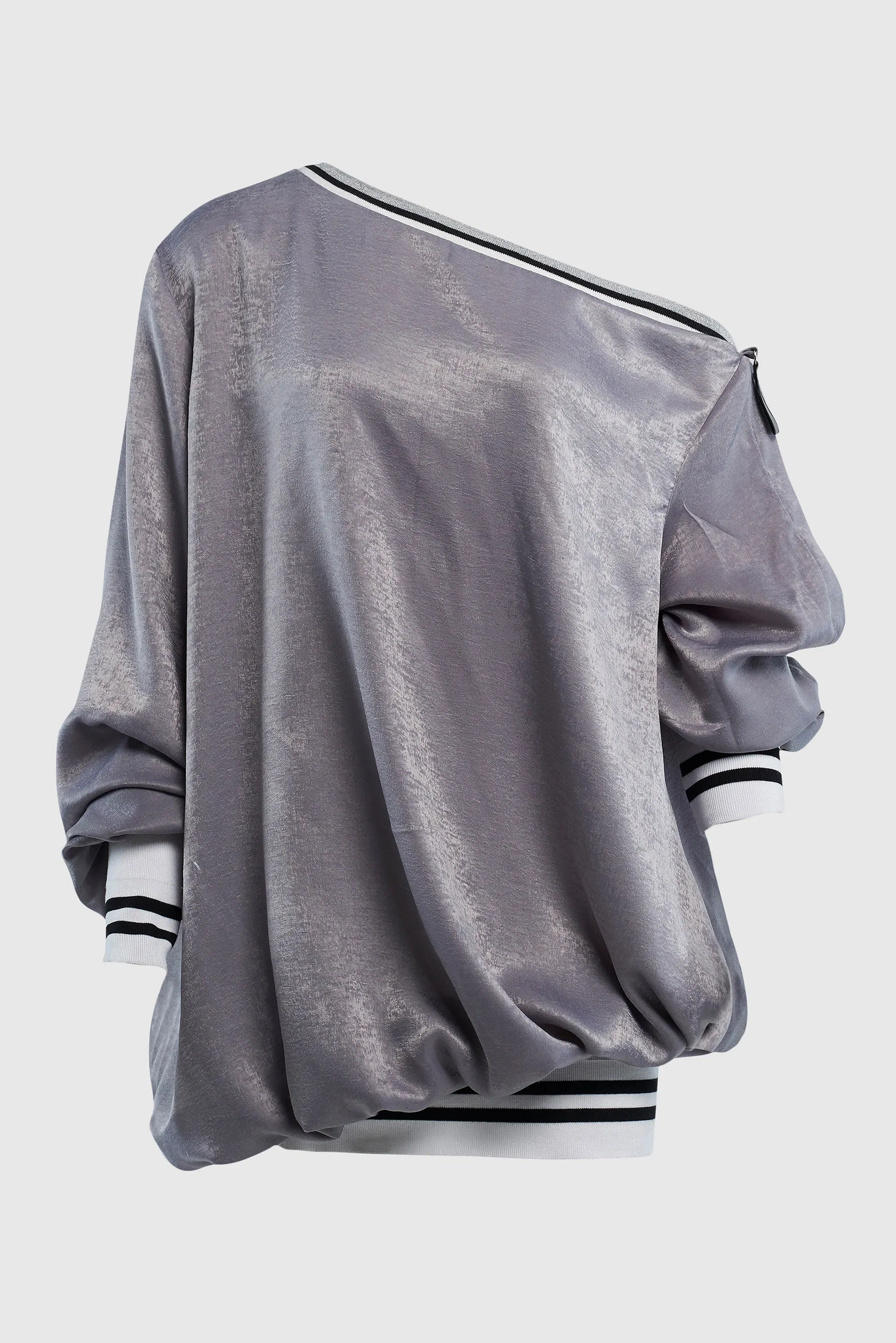 OFF THE SHOULDER SATIN BOMBER SWEATER