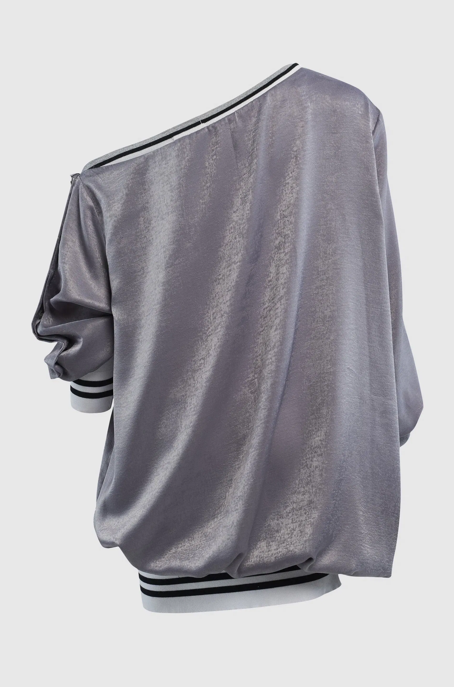OFF THE SHOULDER SATIN BOMBER SWEATER
