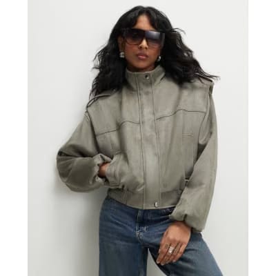 Khaki Faux Suede Shoulder Detail Jacket