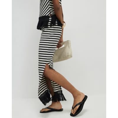 Cream Fringed Hem Stripe Midi Skirt