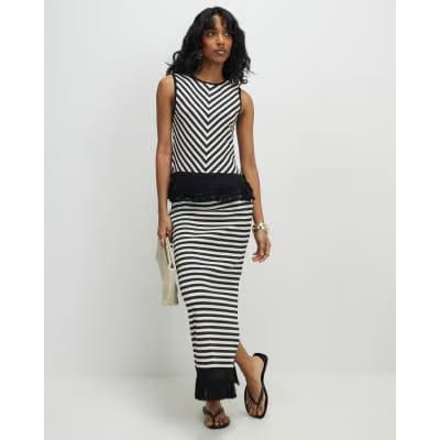 Cream Fringed Hem Stripe Midi Skirt