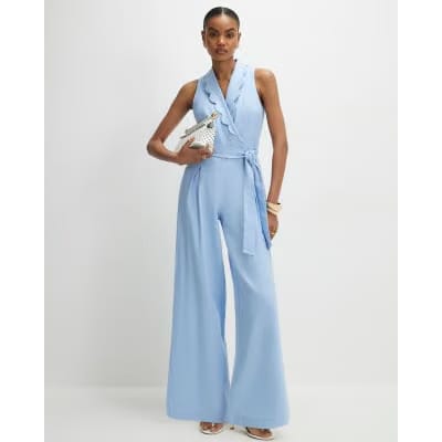 Blue Scallop Trim Linen Blend Jumpsuit