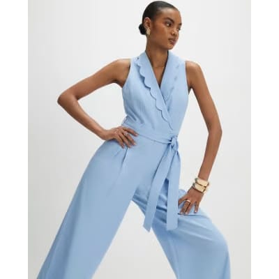 Blue Scallop Trim Linen Blend Jumpsuit