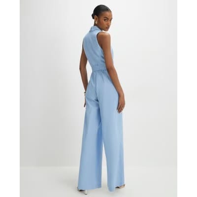 Blue Scallop Trim Linen Blend Jumpsuit