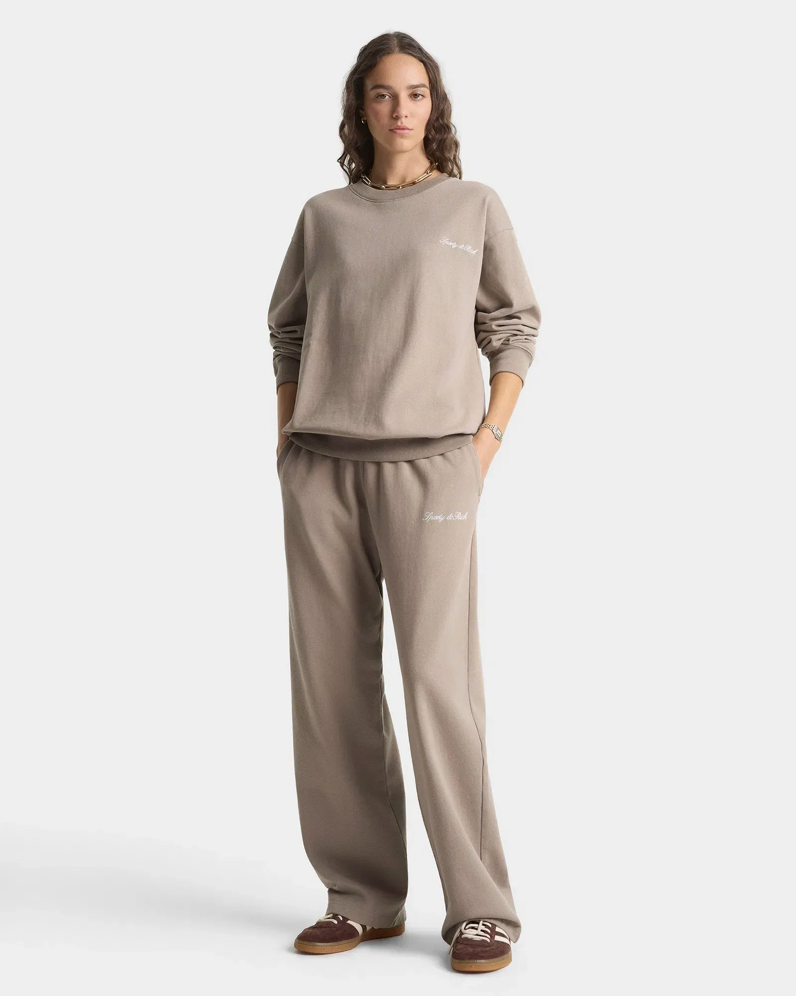 Signature Logo Embroidered Wide Sweatpant - Hazelnut/White