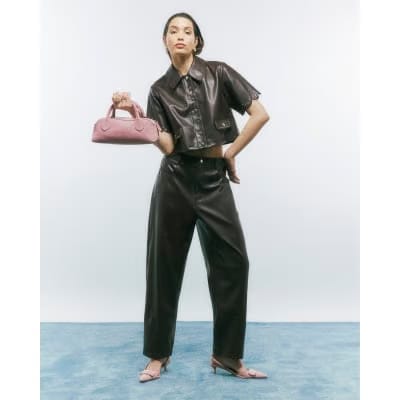 Brown Faux Leather Scallop Trim Studded Shirt