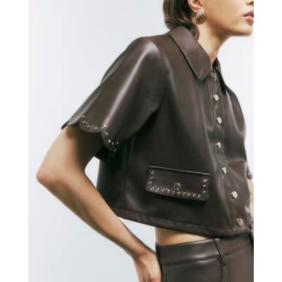 Brown Faux Leather Scallop Trim Studded Shirt