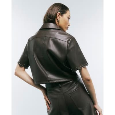 Brown Faux Leather Scallop Trim Studded Shirt