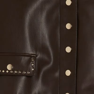 Brown Faux Leather Scallop Trim Studded Shirt