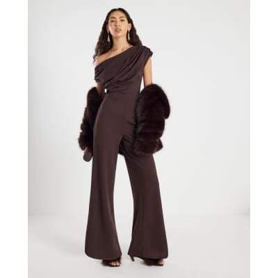 Brown Short Sleeve Asymmetric Drape Jumpsuit
