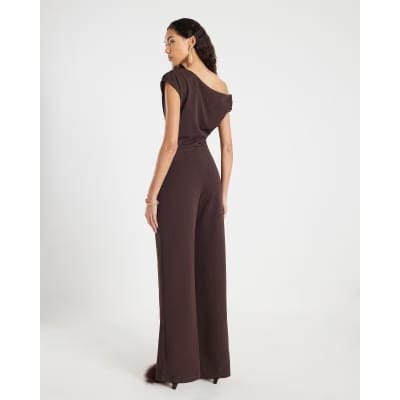 Brown Short Sleeve Asymmetric Drape Jumpsuit
