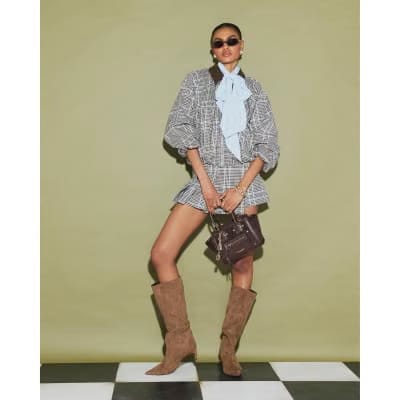 Brown Check Bubble Hem Bomber Jacket