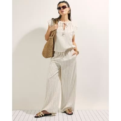 Cream Linen Blend Striped Drawstring Trousers