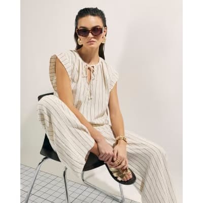 Cream Linen Blend Striped Drawstring Trousers