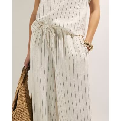 Cream Linen Blend Striped Drawstring Trousers