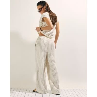 Cream Linen Blend Striped Drawstring Trousers