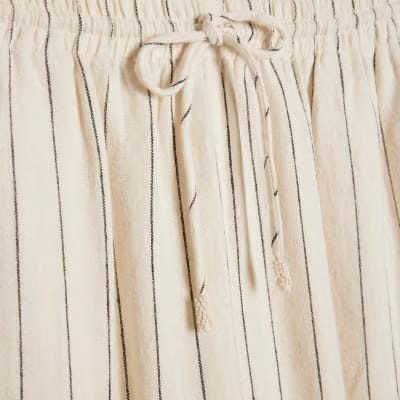 Cream Linen Blend Striped Drawstring Trousers